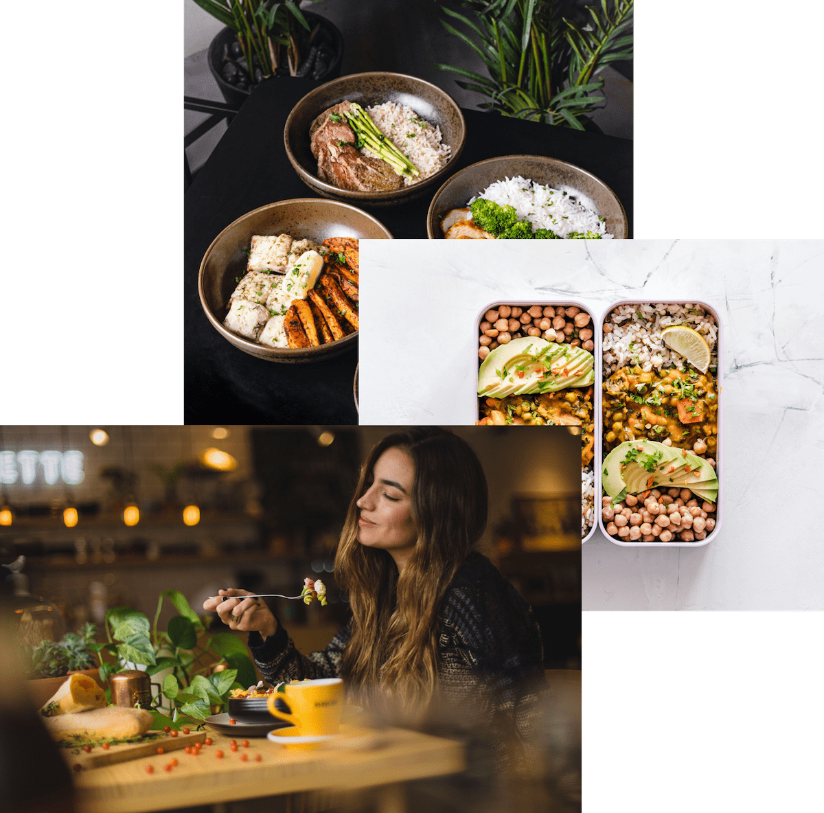 Woman eating, food table